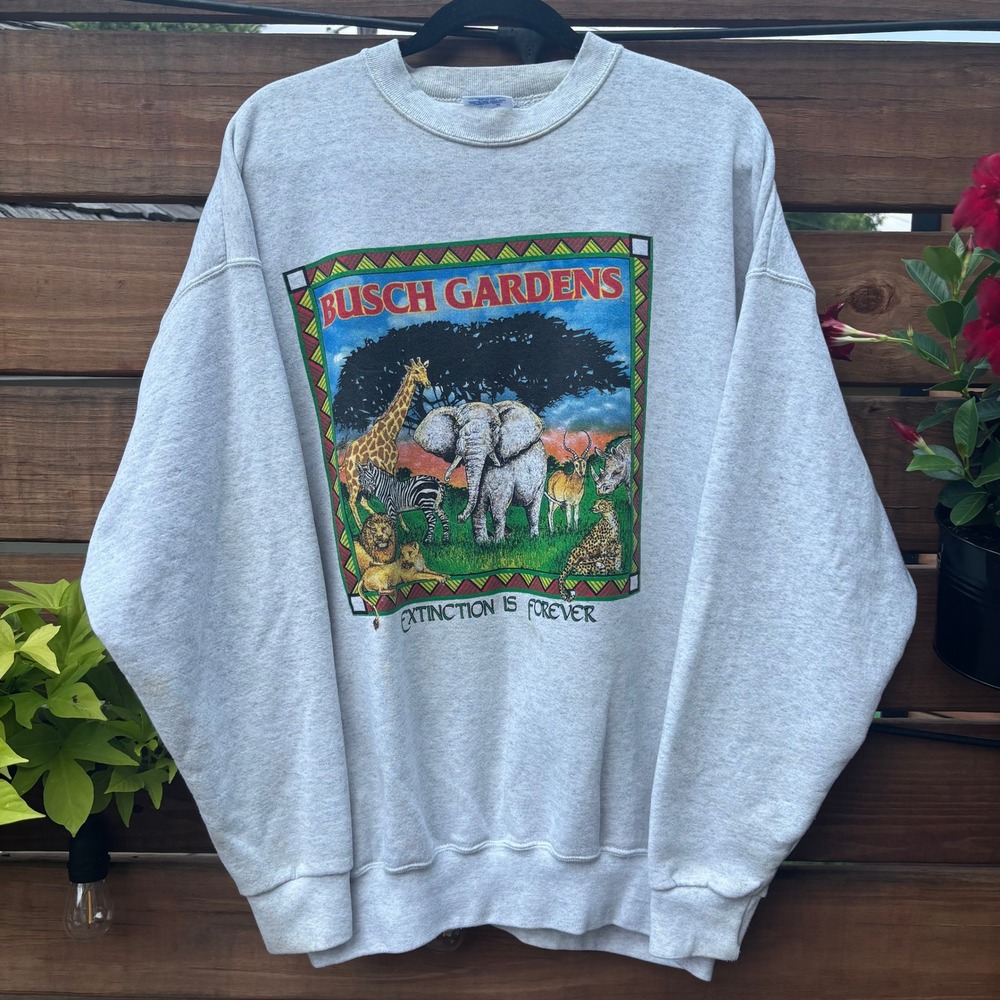 Busch Gardens Sweatshirt Unisex XXL Gray Vintage 90s Extinction Is Forever Good